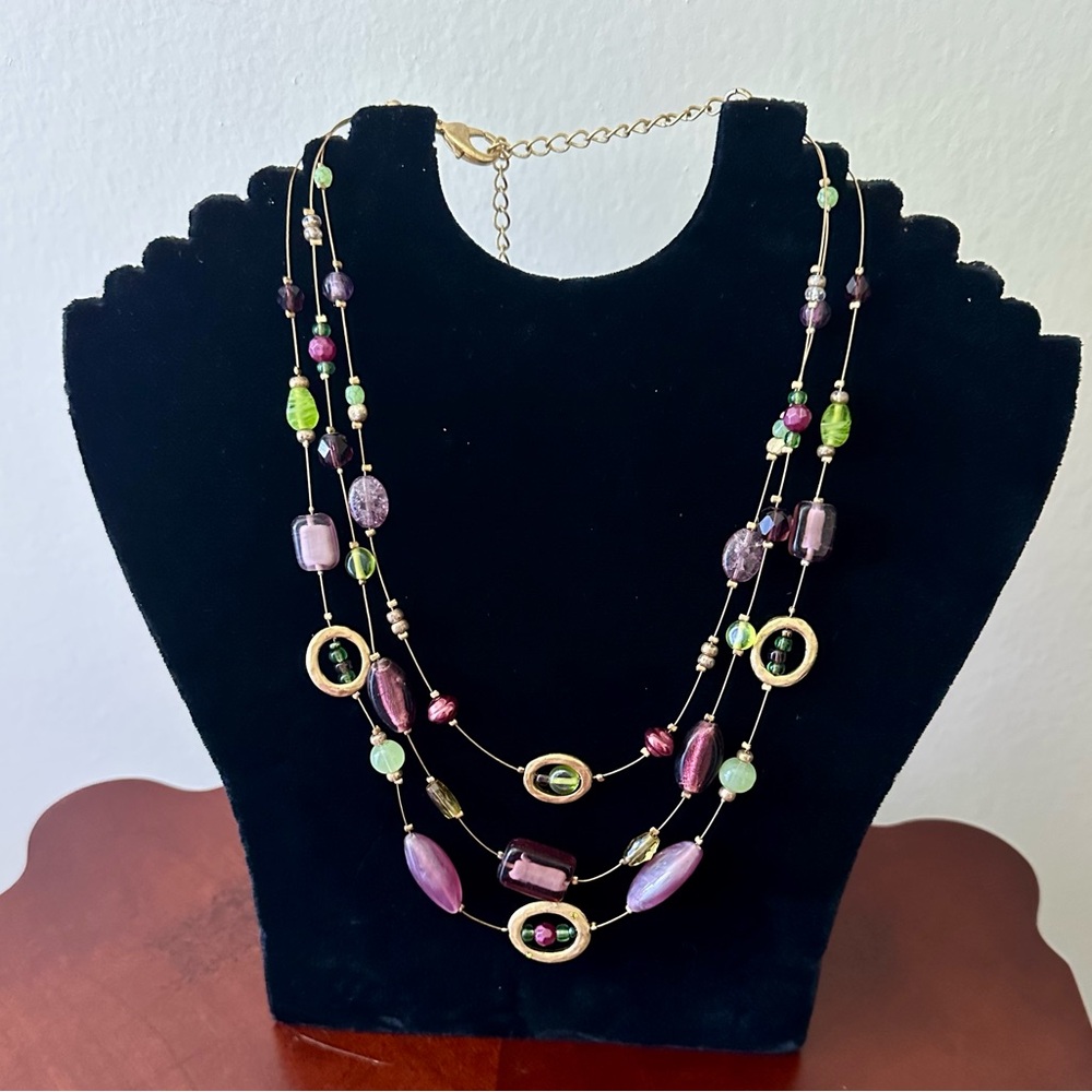 Chico's Purple and Green Multi-Strand Necklace with Gold Accents